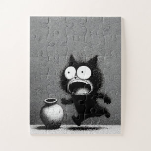 Paniekerige kat en vaas – Monochrome Cartoon Puzze Legpuzzel