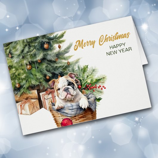 Panier en osier pour chiot Bulldog Noël
