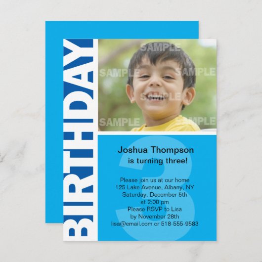 Panneau Bleu 3e Invitation d'anniversaire (Devant / Derrière)