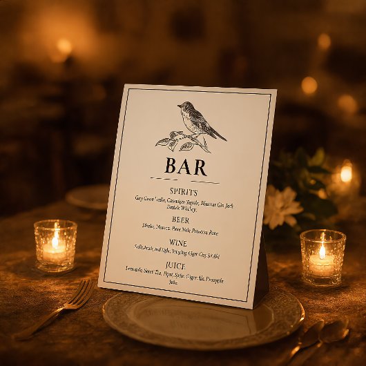 Panneau de bar de mariage noir et blanc oiseau vin