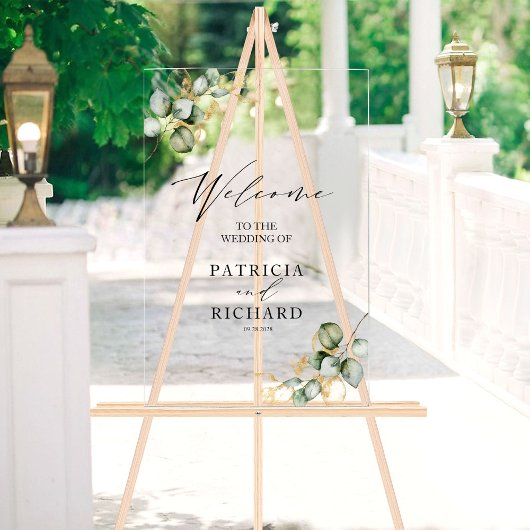 Panneau de bienvenue de mariage doré à feuillage é
