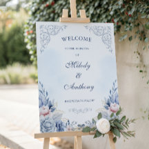 Panneau de bienvenue de mariage floral bleu poussi