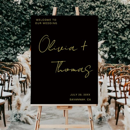 Panneau de bienvenue de mariage moderne noir et or
