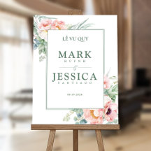 Panneau de bienvenue pour mariage avec fleurs rose