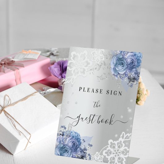 Panneau de livre d'or à fleurs en dentelle bleu ar