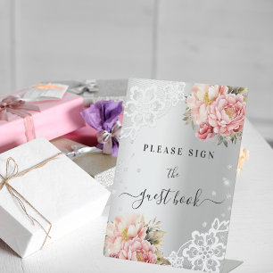 Panneau de livre d'or en dentelle florale rose arg