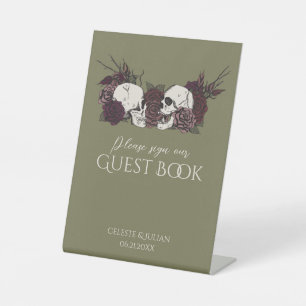 Panneau de livre d'or vert olive Crânes et Roses g