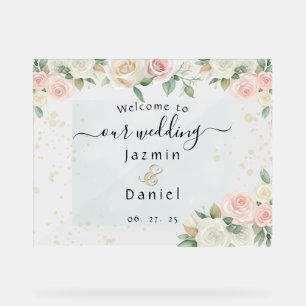 Panneau de mariage Fleurs écloses roses et blanche