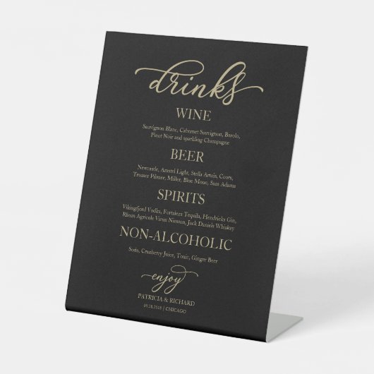 Panneau de mariage noir écriture or Bar Boissons (Recto)