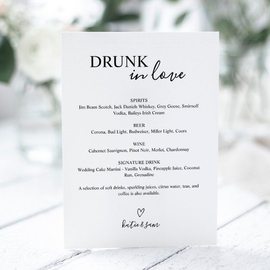 Panneau de menu de bar de mariage Amoureux Ivre