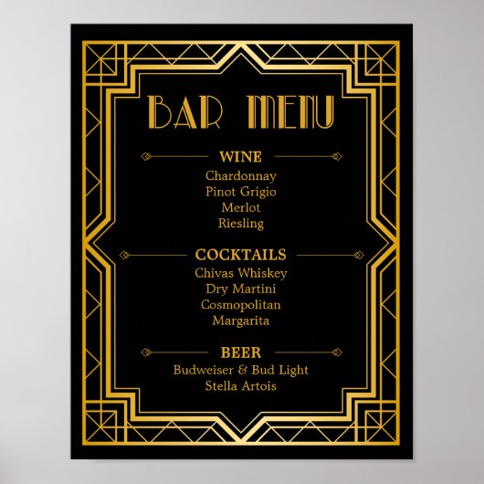 Panneau de menu de bar de mariage | Art déco Gatsb (Devant)
