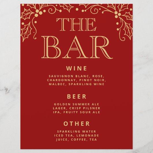 Panneau de menu de bar de mariage Luxe Rouge et Or (Devant)