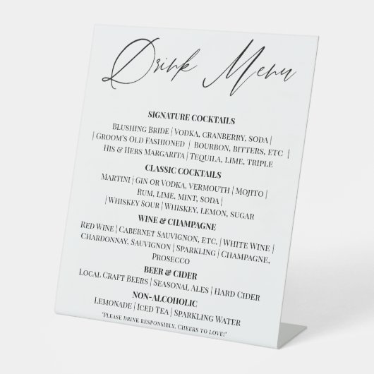 Panneau de menu de boissons de mariage éditable su (Recto)