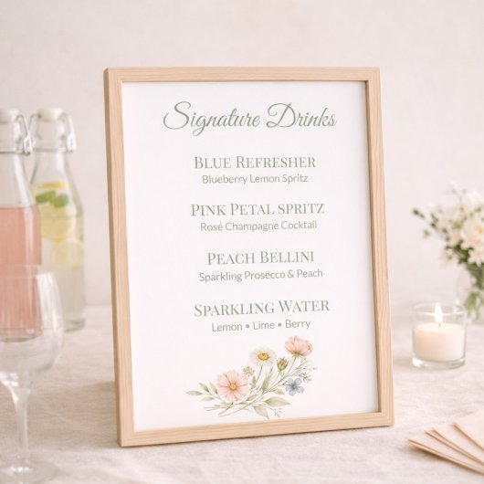 Panneau de menu de boissons signatures feuille de