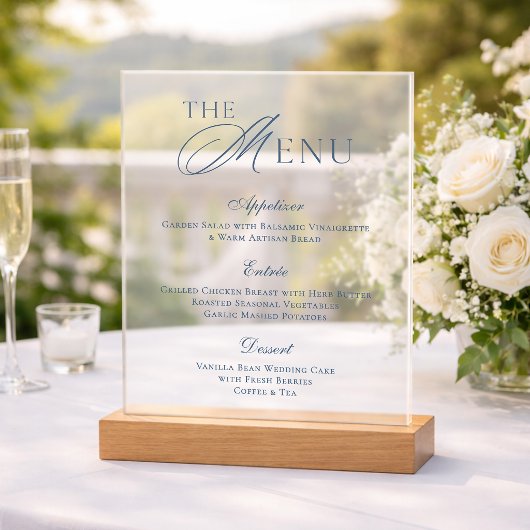 Panneau de menu de mariage en acrylique bleu pouss
