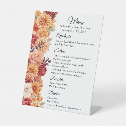 Panneau de menu de mariage floral d'automne sur ta (Recto)