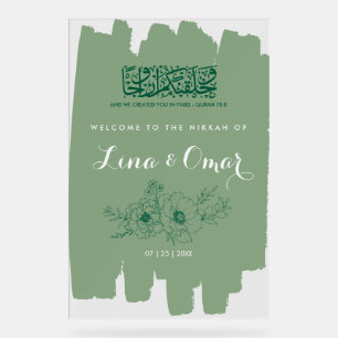 Panneau de Nikkah en acrylique floral vert sauge