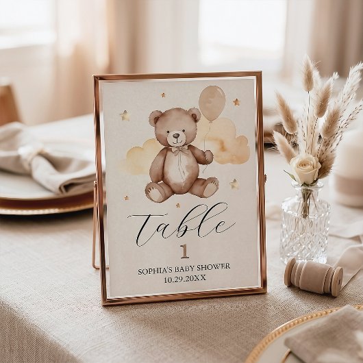 Panneau de numéro de table pour Baby Shower Ours à