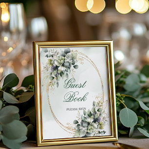 Panneau de table de livre d'or vert botanique blan