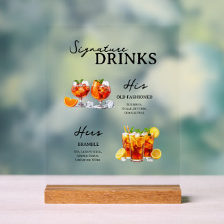 Panneau de table de mariage avec cocktails signatu