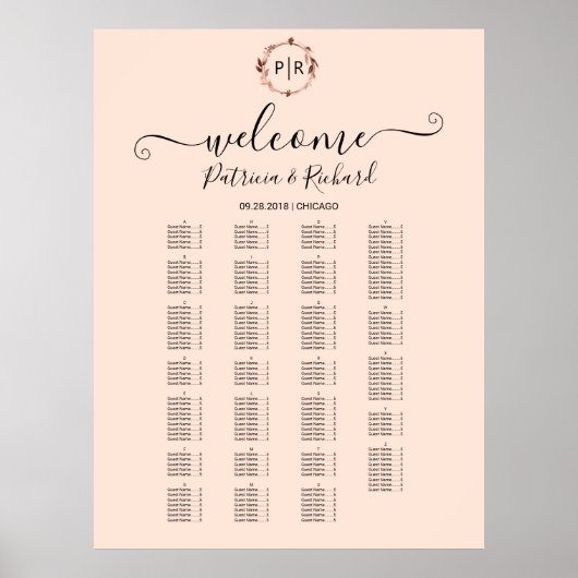 Panneau de tableau de plan de salle alphabétique à (Devant)