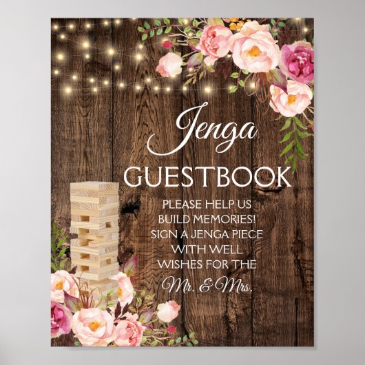 Panneau du livre d'or Floral Rustic Mariage Jenga (Devant)