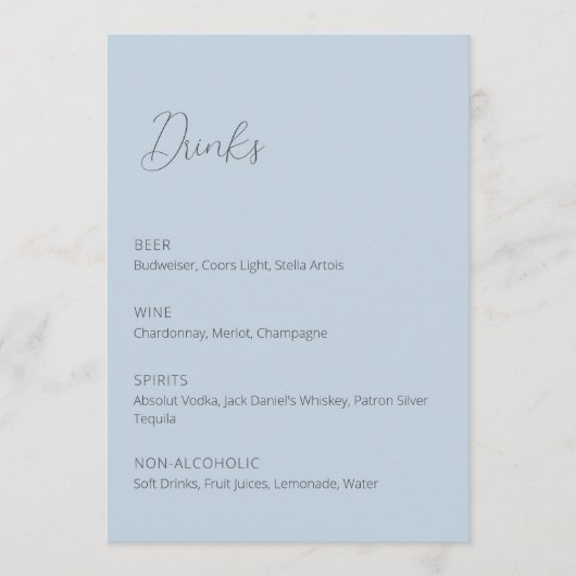 Panneau du menu Boissons Mariage bleu Dusty (Devant)