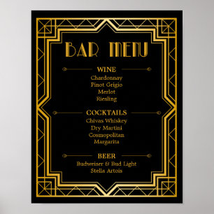 Panneau du menu du bar de mariage Art déco Gatsb