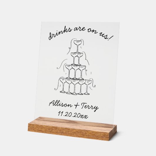 Panneau Mariage Open Bar Doodle Champagne tiré à l (Angle)