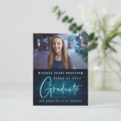 Panneau néon bleu Faire-part de photo pour diplômé (Debout devant)