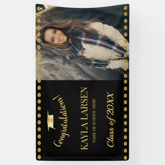 Panneau noir et or - Bannière de graduation photo (Vertical)
