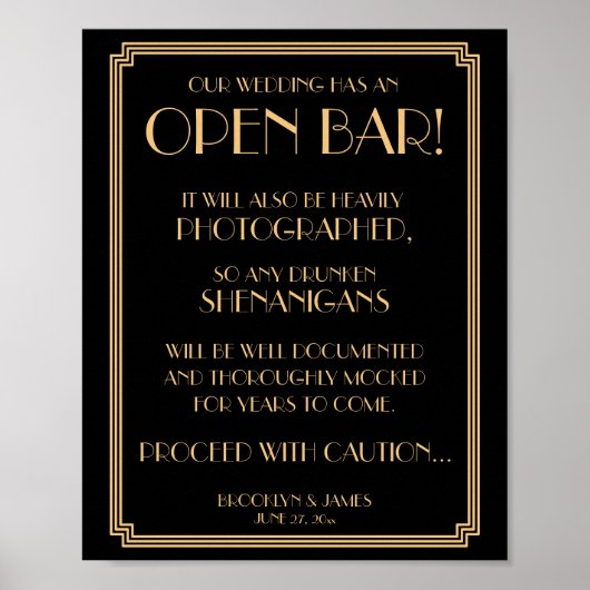 Panneau Open Bar Gatsby Gold Et Black Art Déco 8x1 (Devant)
