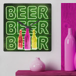 Panneau vert néon LED bière<br><div class="desc">horloge murale carré imprimée avec panneau de barre d'aspect néon. Le design a des bouteilles de bière colorées et est écrit avec le mot BEER dans l'éclairage à LED. Il a une palette de couleurs de vert, rouge, rose et jaune. Parcourez notre magasin pour trouver d'autres couleurs.</div>