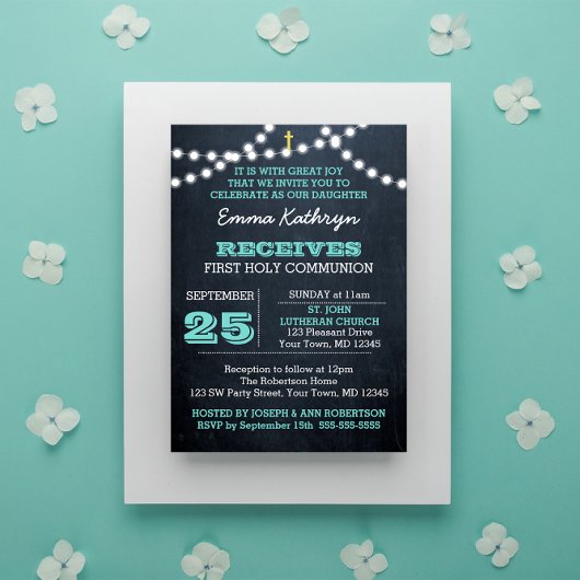 Panneaux Turquoises première communion Invitation