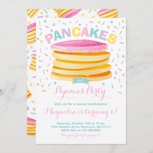 Pannenkoek en pyjama verjaardagsuitnodiging PJ's P Kaart (Voorkant / Achterkant)