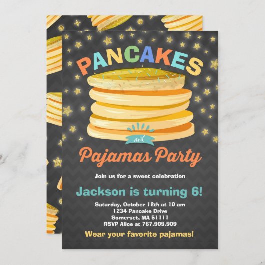 Pannenkoek en pyjama verjaardagsuitnodiging PJ's P Kaart (Voorkant / Achterkant)