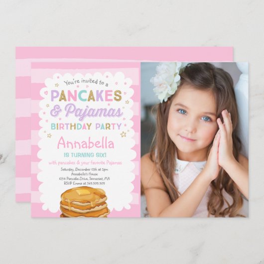 Pannenkoek en pyjama verjaardagsuitnodiging PJ's P Kaart (Voorkant / Achterkant)