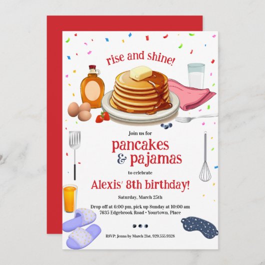 Pannenkoeken en pyjama ontbijtfeest kaart (Voorkant / Achterkant)