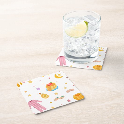Pannenkoeken en pyjama verjaardagsfeest Onderzette Vierkante Kartonnen Onderzetter (Insitu)