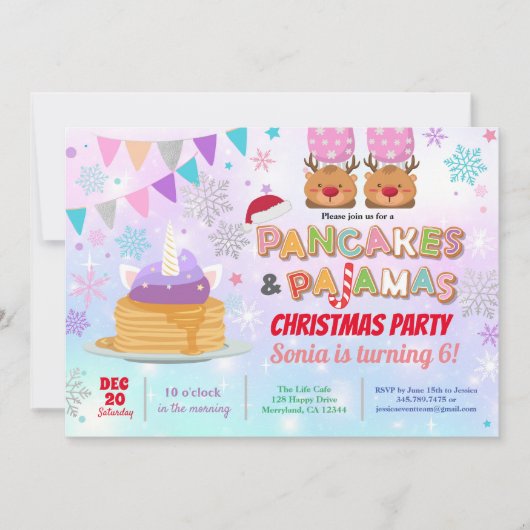 Pannenkoeken en pyjama's Kerst Verjaardag Eenhoorn Kaart (Voorkant)