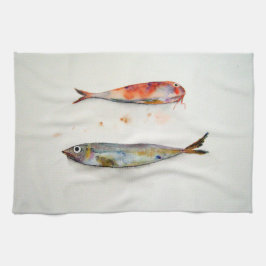 Paño de cocina con pescados en acuarela theedoek
