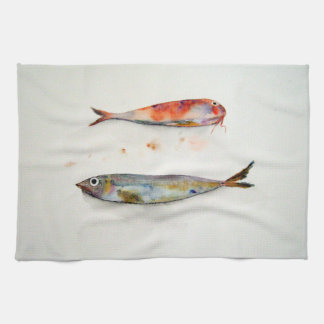 Paño de cocina con pescados en acuarela theedoek