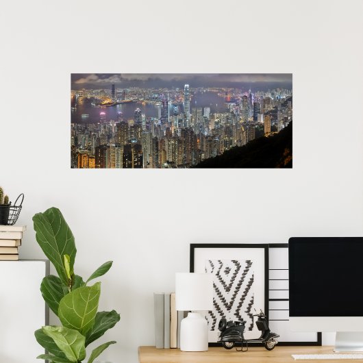 Panorama Hong Kong China Night Skyline Poster (Thuiskantoor)