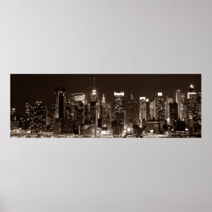 Panorama Sepia Brown New York City Night Artwork Poster