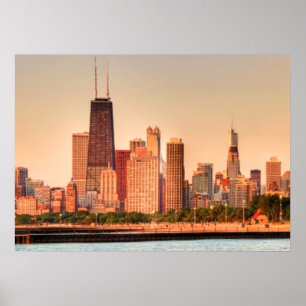 Panorama van Chicago skyline bij zonsopgang Poster