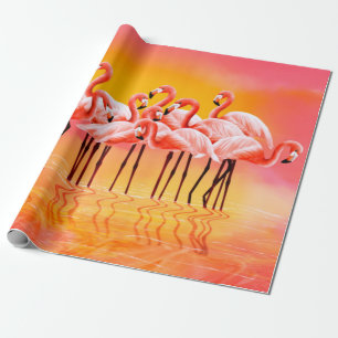 Panorama van roze flamingos op een lichtroze achte cadeaupapier