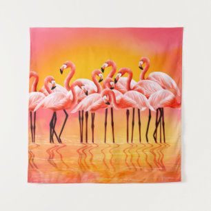 Panorama van roze flamingos op een lichtroze achte wandkleed