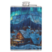 Panoramic stained glass winter village heupfles (Achterkant)