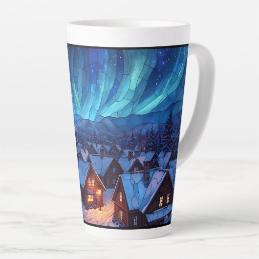 Panoramic Stained Glass Winter Village Latte Mok (Rechterhoek)