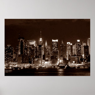 Panoramisch Sepia Bruin New York City Nacht Kunstw Poster
